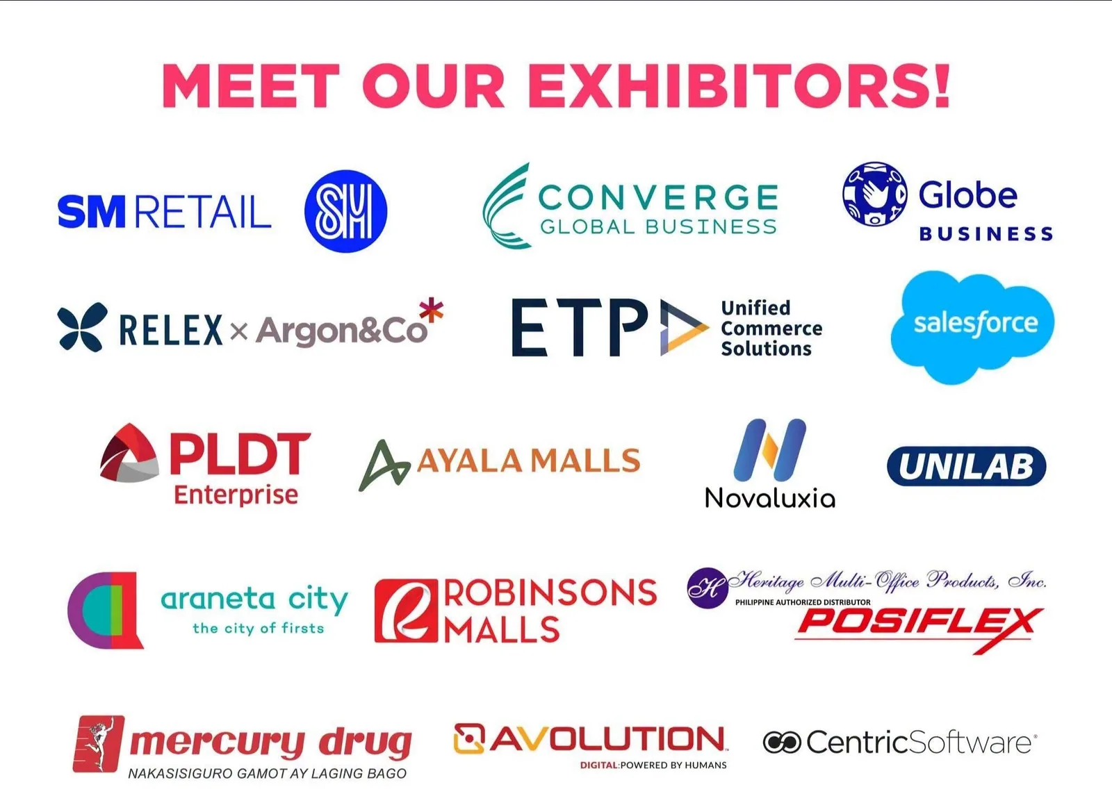 The official NRCE 2026 MEET OUR EXHIBITORS board with the Novaluxia PH logo printed alongside SM Retail, Globe Business, PLDT Enterprise and Salesforce