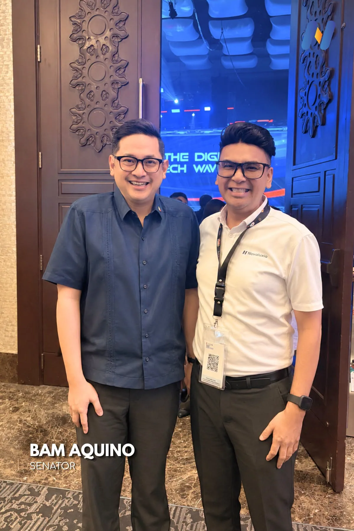 Novaluxia staff photographed with Senator Bam Aquino at a Philippine retail industry event in 2026