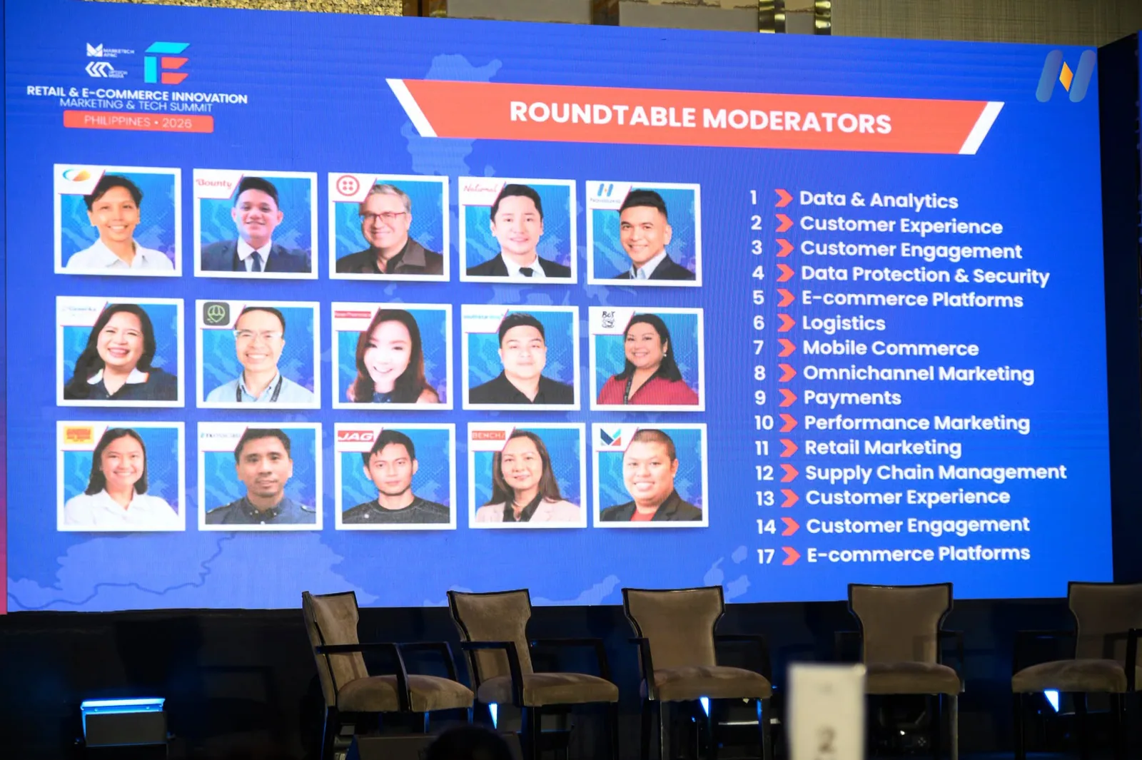 The Novaluxia PH logo on the roundtable moderators slide at the Retail and E-Commerce Innovation Summit Philippines 2026